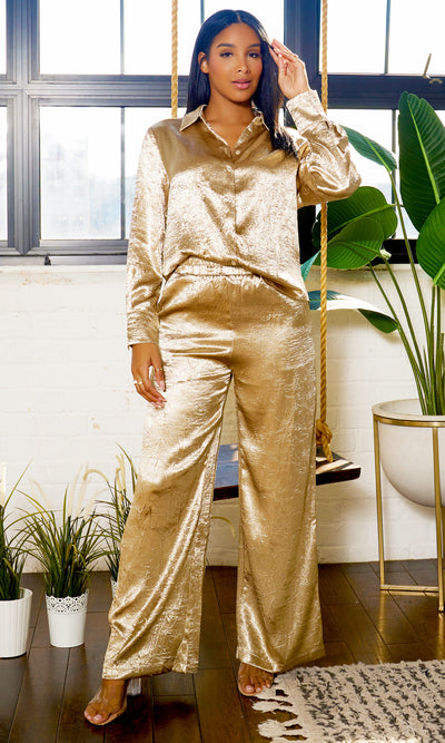 Jacquard Satin Pants Set - Gold - Cutely Covered