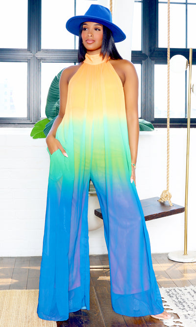 Lean | Mock Neck Ombre Jumpsuit - Green Royal Multi