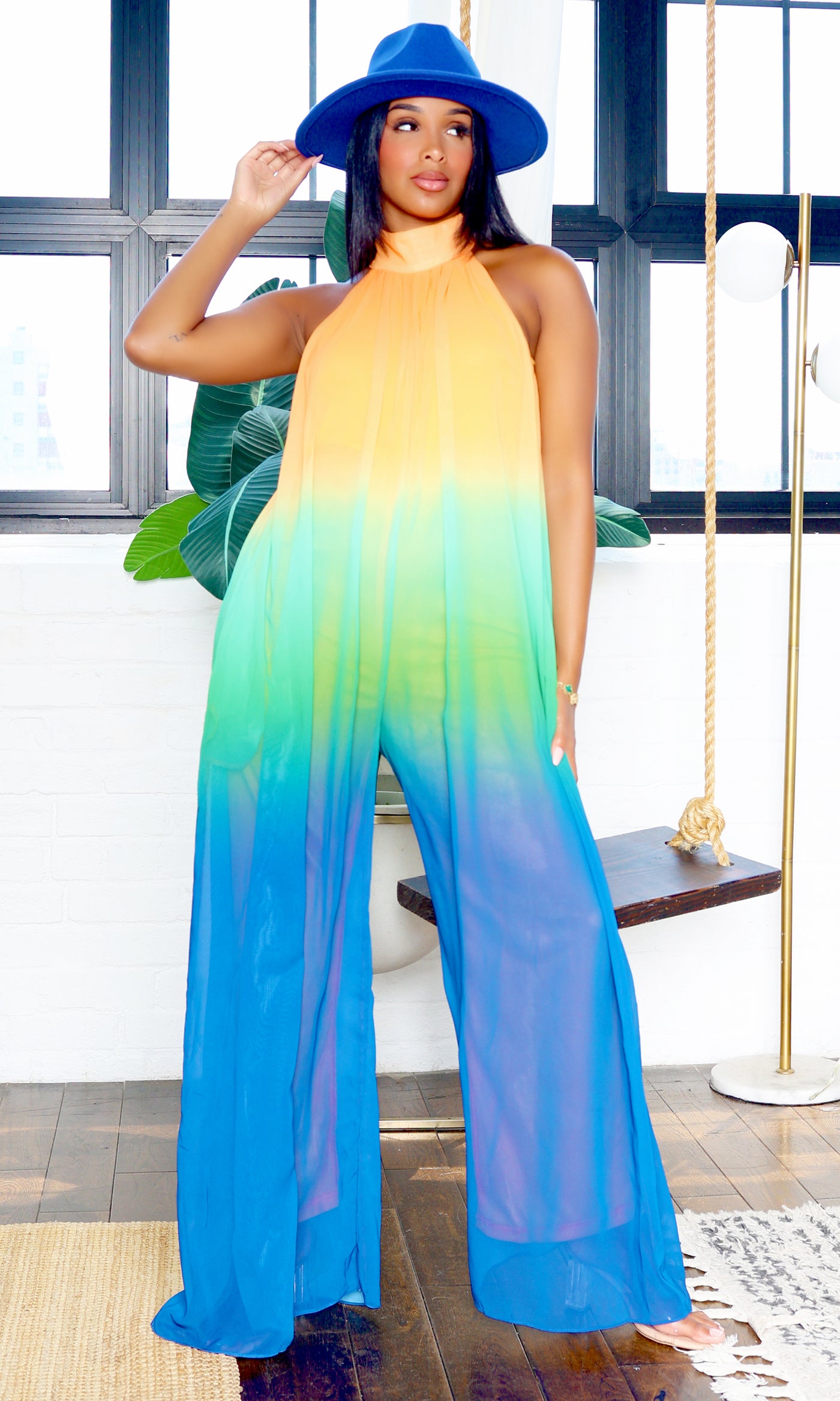 Lean | Mock Neck Ombre Jumpsuit - Green Royal Multi