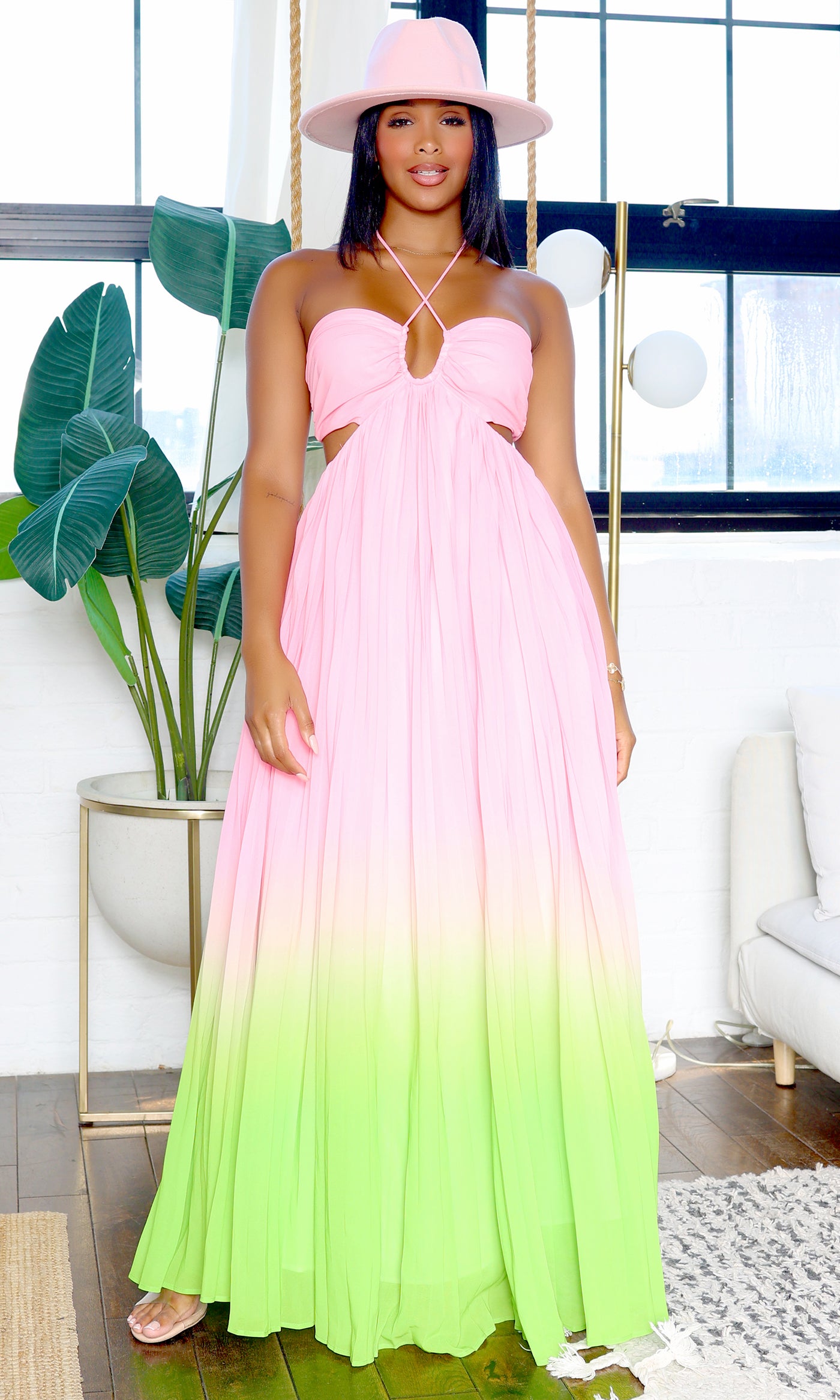 Isabella | Ombre Pleated Maxi Halter Dress - Pink/ Green FINAL SALE