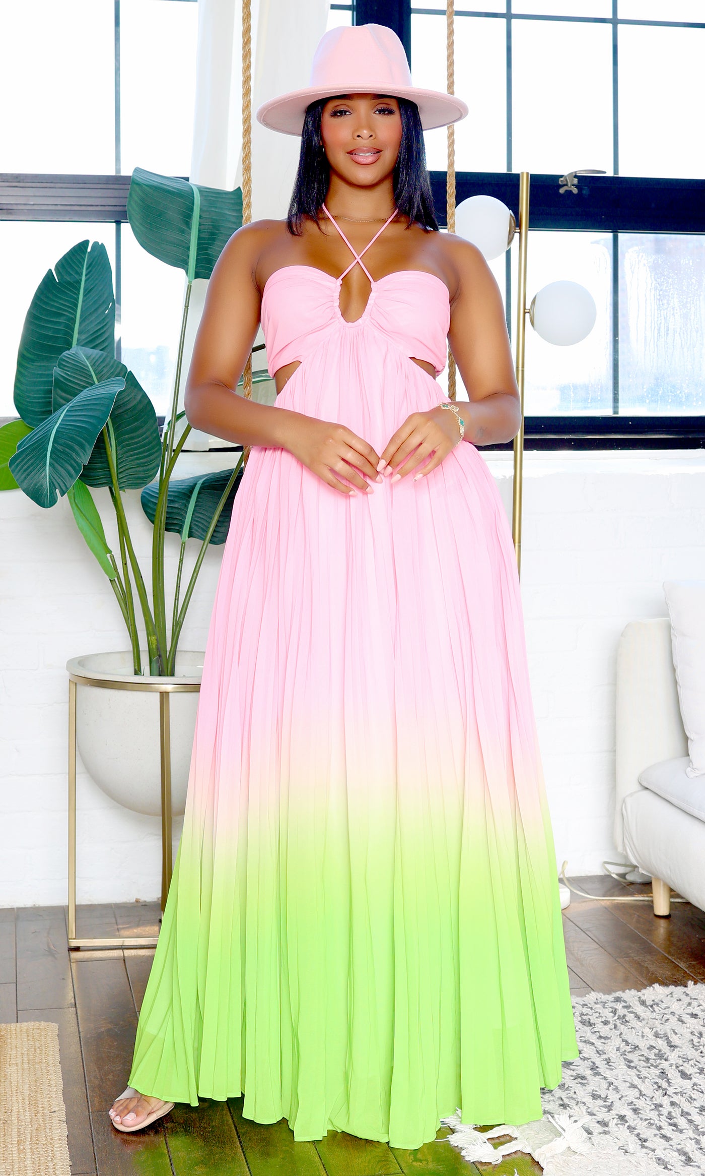 Isabella | Ombre Pleated Maxi Halter Dress - Pink/ Green FINAL SALE