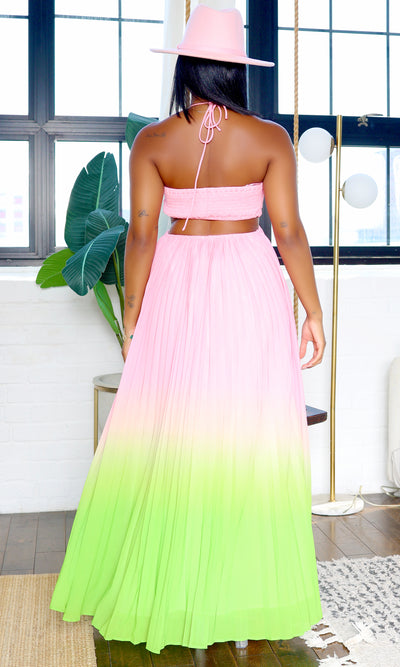 Isabella | Ombre Pleated Maxi Halter Dress - Pink/ Green FINAL SALE