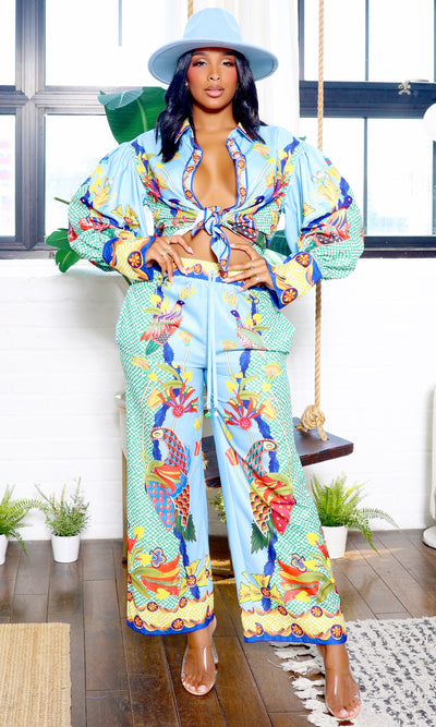 Evelyn | Heaven Bird Print Wide Leg Pants Set - Multi Color