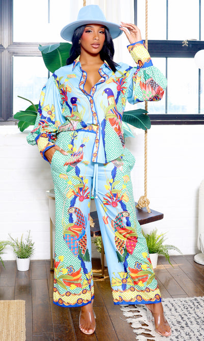 Evelyn | Heaven Bird Print Wide Leg Pants Set - Multi Color