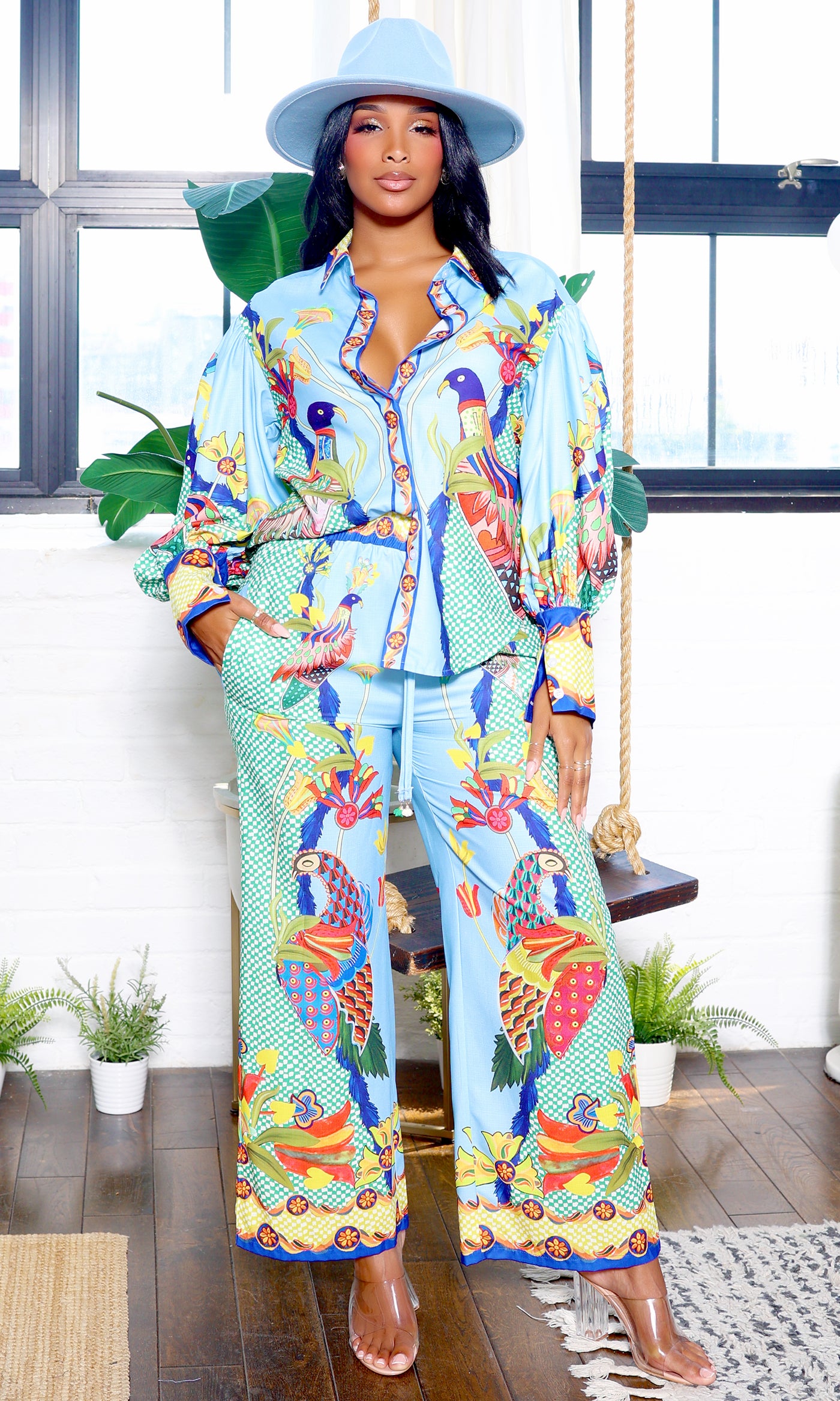 Evelyn | Heaven Bird Print Wide Leg Pants Set - Multi Color