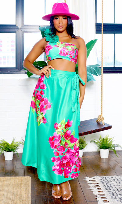 Elizabeth | Floral One Shoulder Bikini & Coverup Set - Green Pink PREORDER