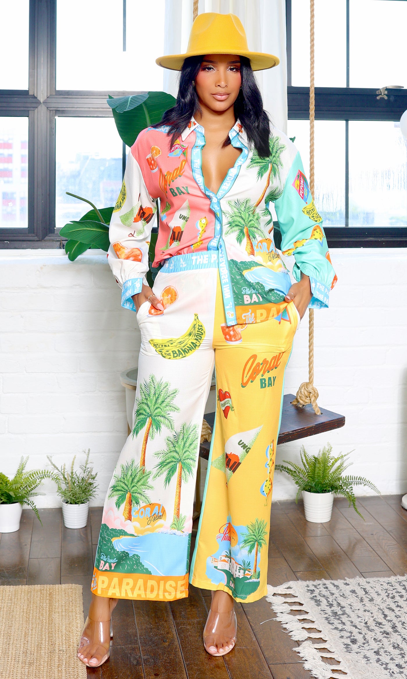 Mia | Tropical Satin Women's Pant Set