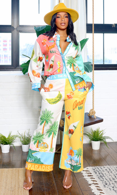 Mia | Tropical Satin Women's Pant Set