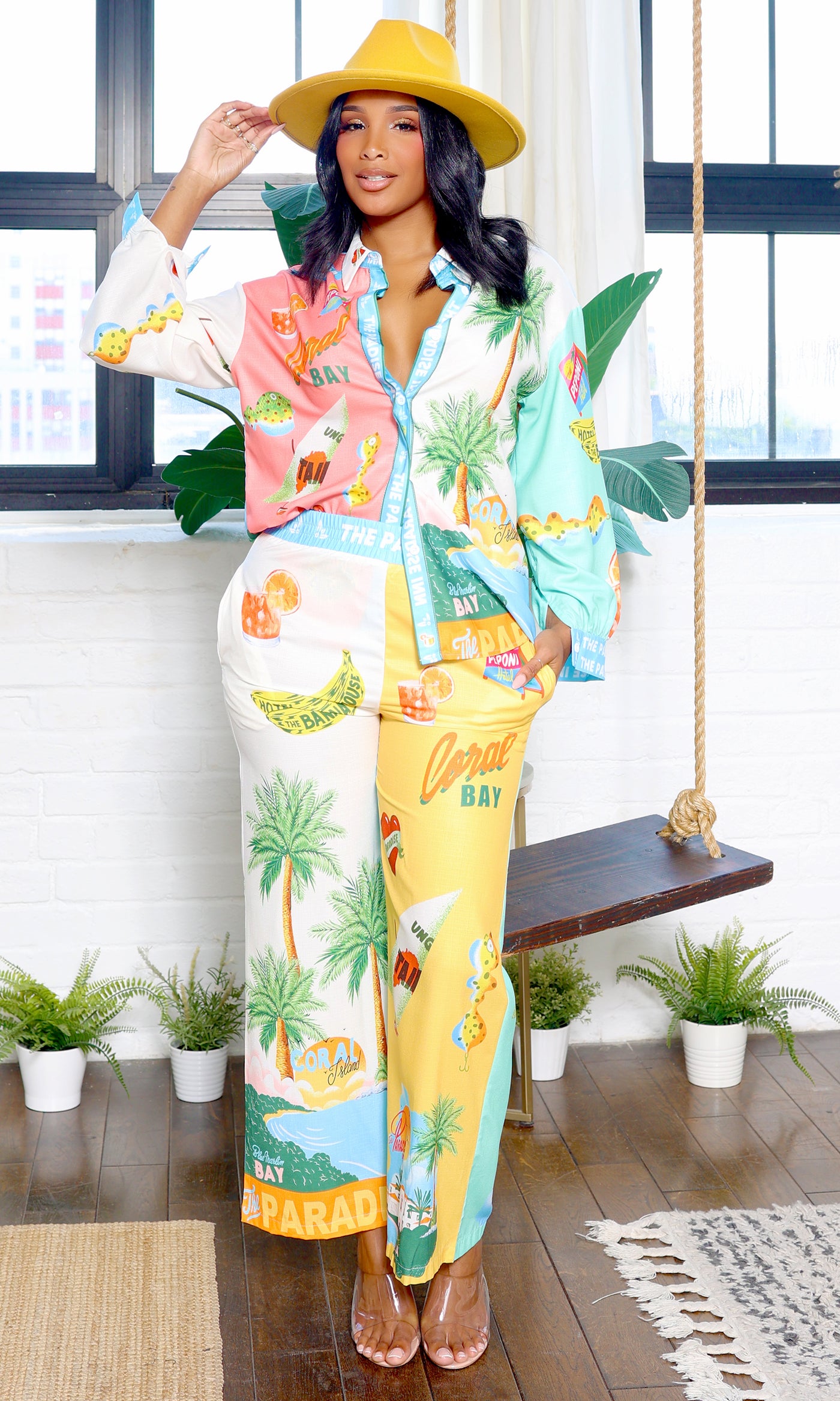 Mia | Tropical Satin Women's Pant Set