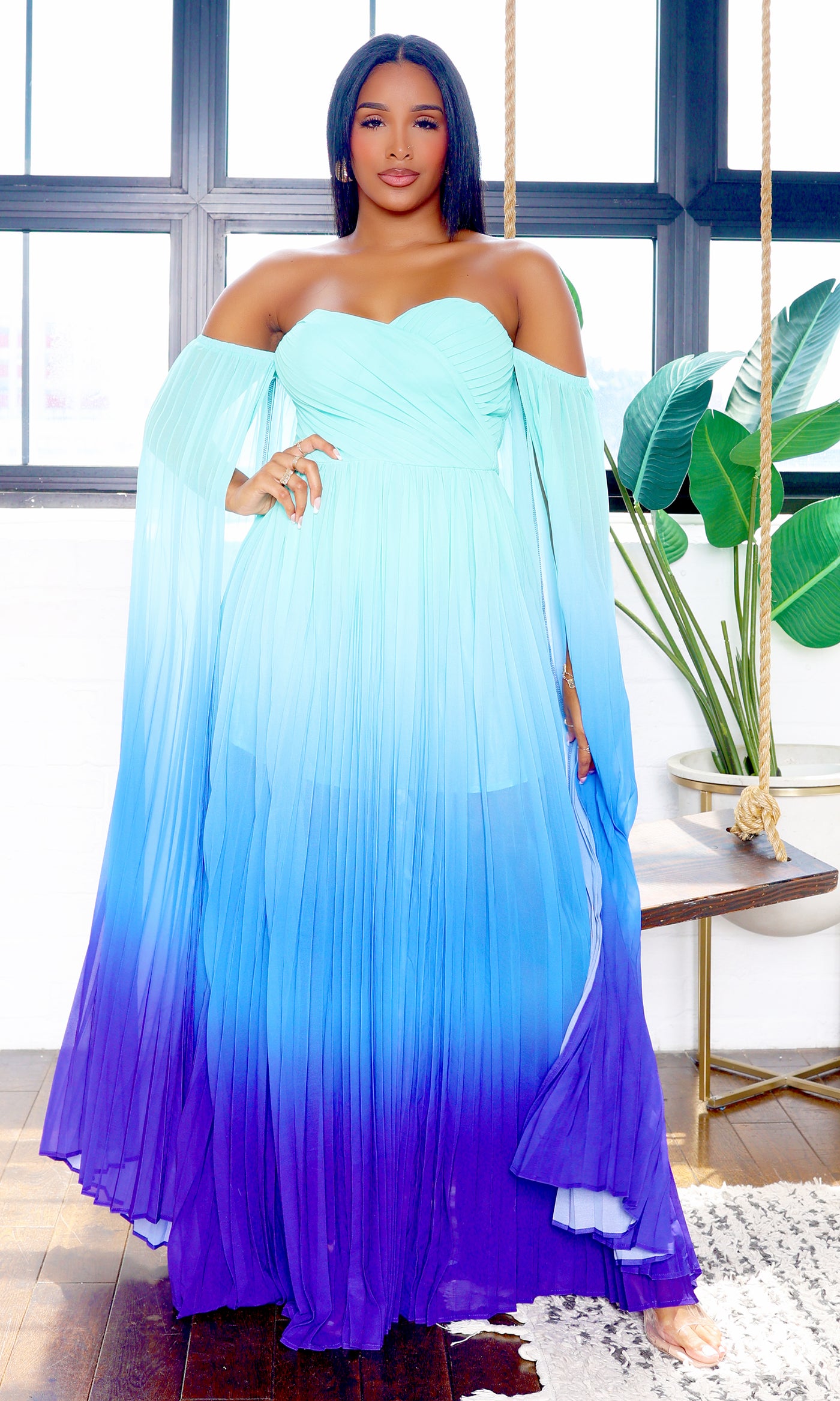 Leah | Off-Shoulder Maxi Cape Dress - Teal Ombre