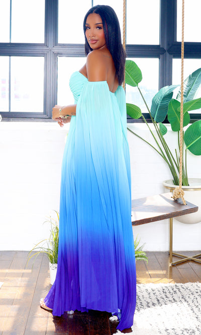 Leah | Off-Shoulder Maxi Cape Dress - Teal Ombre