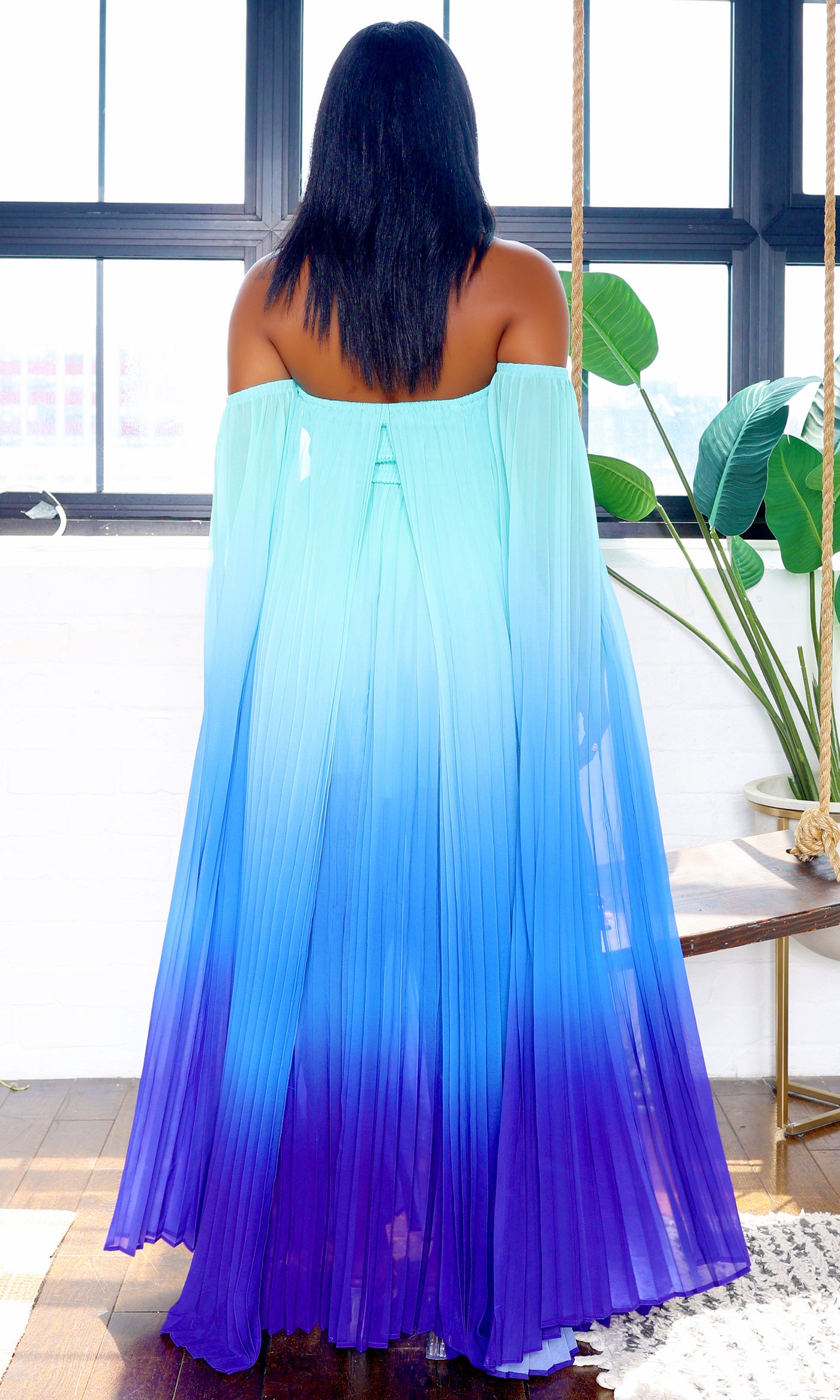 Leah | Off-Shoulder Maxi Cape Dress - Teal Ombre