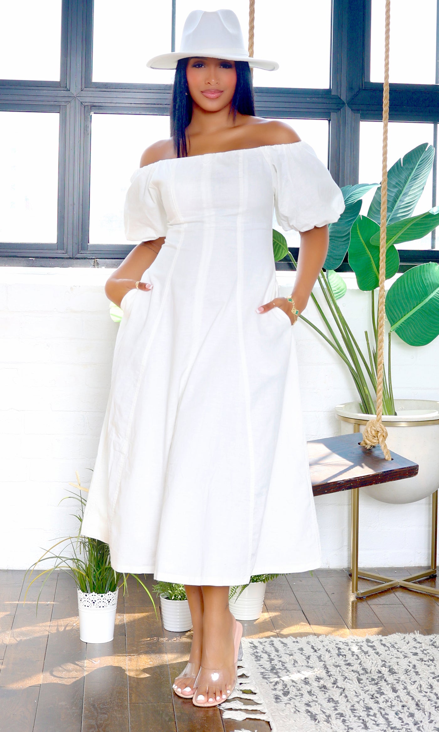 Cathy| Cascade Off-Shoulder Midi Dress - White FINAL SALE