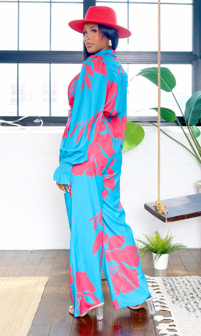 Lainey | Belted Floral Jumpsuit - Blue/Pink FINAL SALE