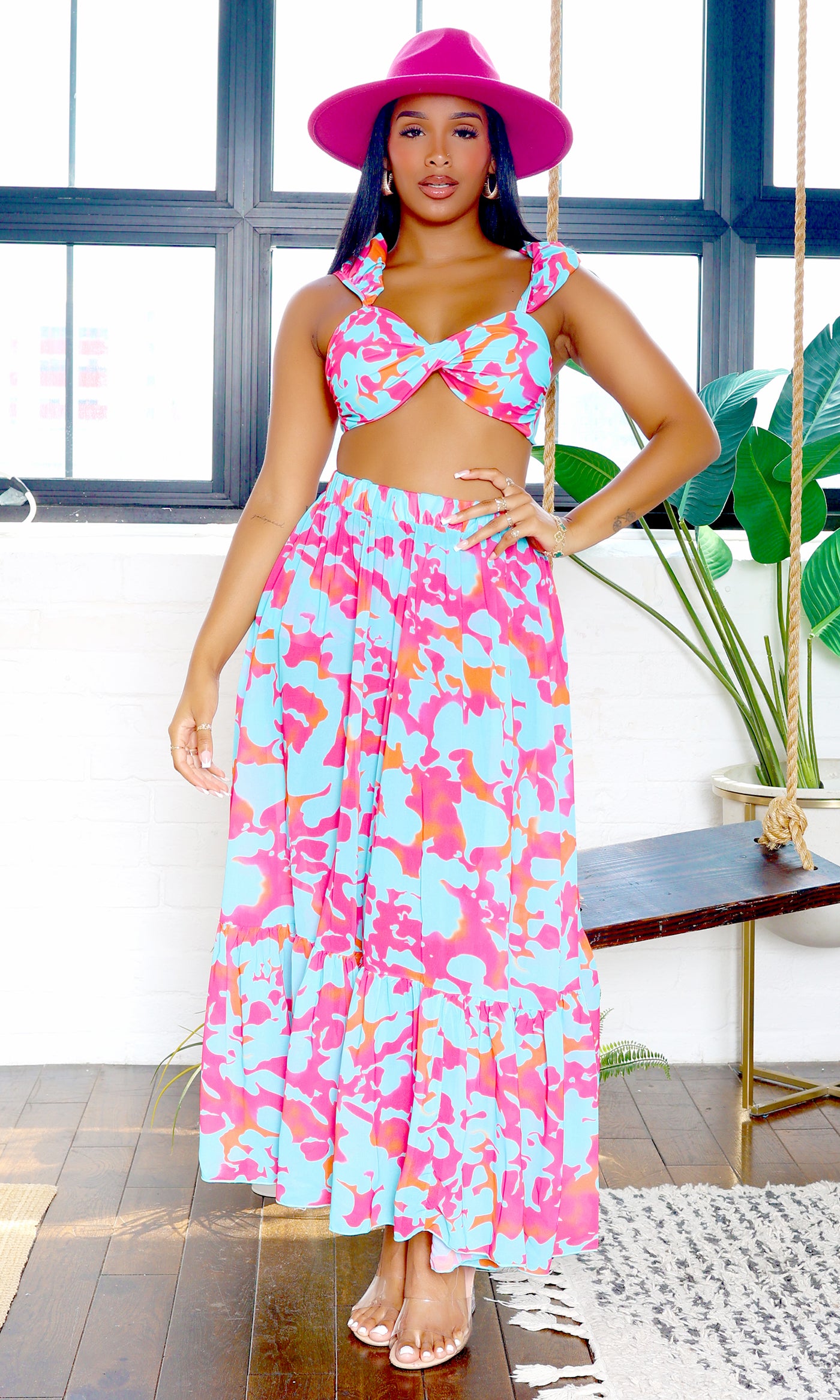 Avery | Ruffle Bikini & Skirt Cover-Up Set - Pink Blue - PREORDER