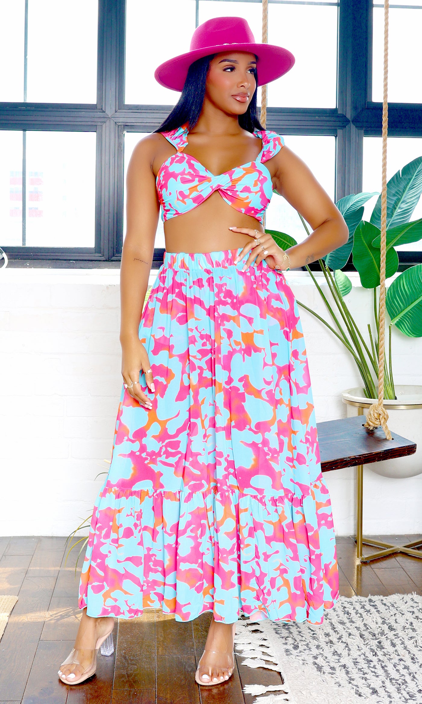 Avery | Ruffle Bikini & Skirt Cover-Up Set - Pink Blue - PREORDER