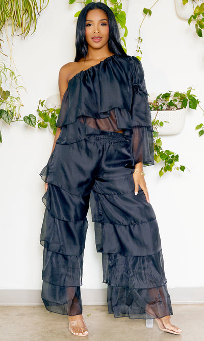 One Shoulder Tiered Organza Set | Black - Cutely Covered