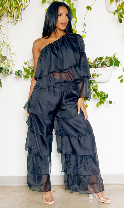 One Shoulder Tiered Organza Set | Black - Cutely Covered