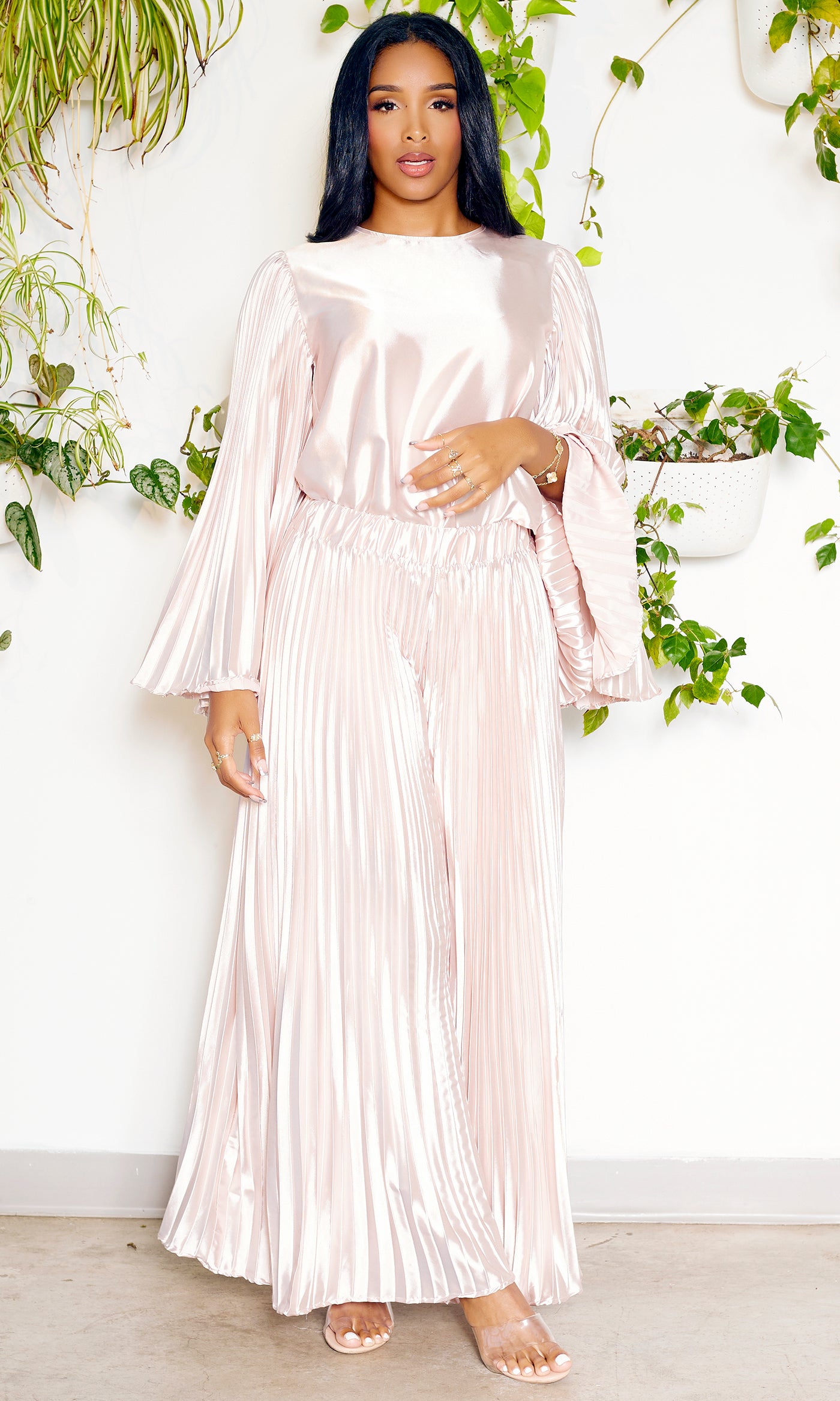 Pleated Chic | Long Sleeves Satin Set - Champagne - Cutely Covered