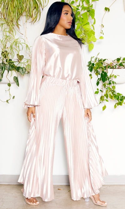 Pleated Chic | Long Sleeves Satin Set - Champagne - Cutely Covered