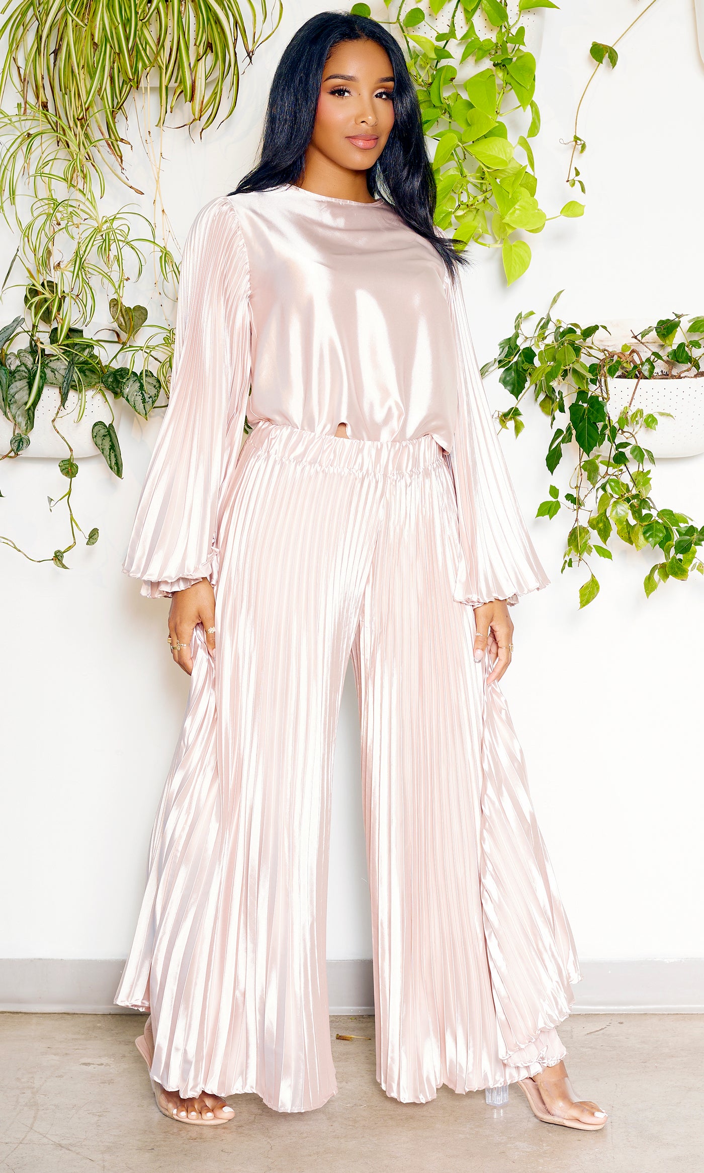 Pleated Chic | Long Sleeves Satin Set - Champagne - Cutely Covered