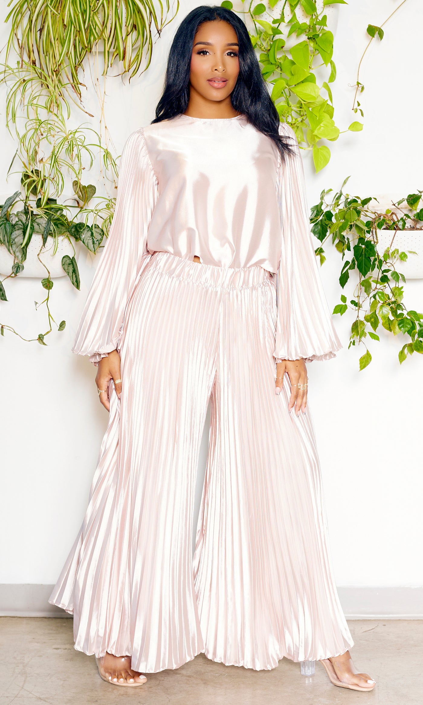 Pleated Chic | Long Sleeves Satin Set - Champagne - Cutely Covered