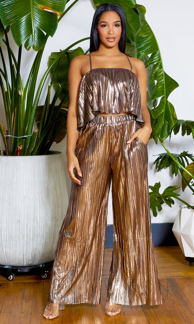 Bronze Baby | Metallic Pleated Crop Top Stretch Pants Set - Cutely Covered