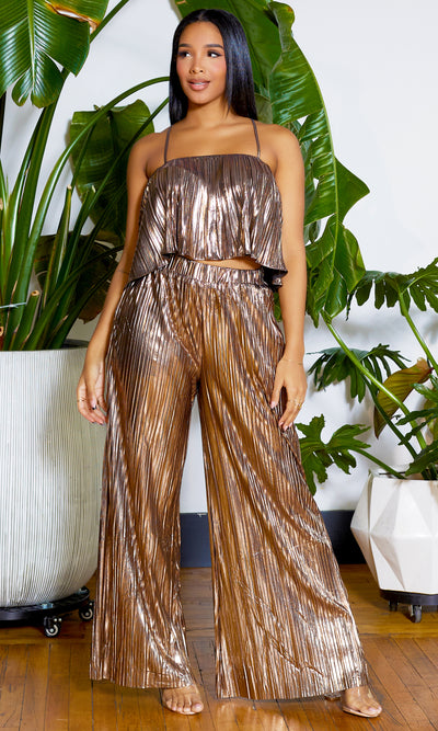 Bronze Baby | Metallic Pleated Crop Top Stretch Pants Set - Cutely Covered