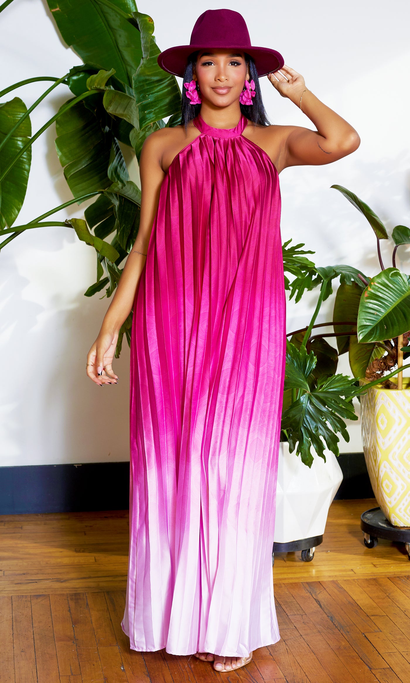 Ombre Pleated Halter Jumpsuit - Berry Ombre - Cutely Covered