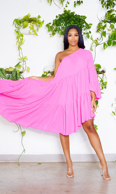 Asymmetrical One Sleeve Lime Dress | Neon Pink - Cutely Covered