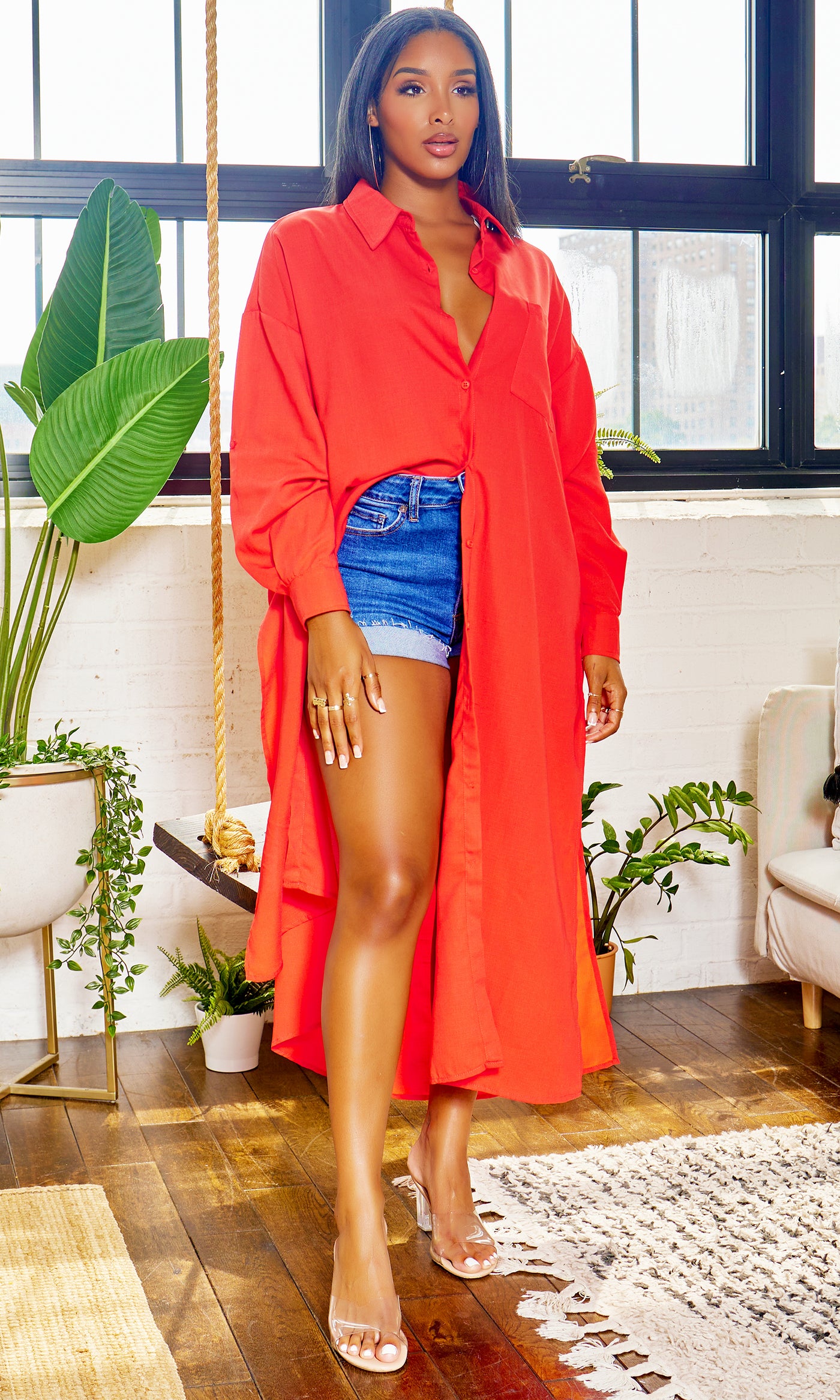 Loose Fit Love | Oversized Shirt Dress - Tomato/ Burnt Orange - Cutely Covered