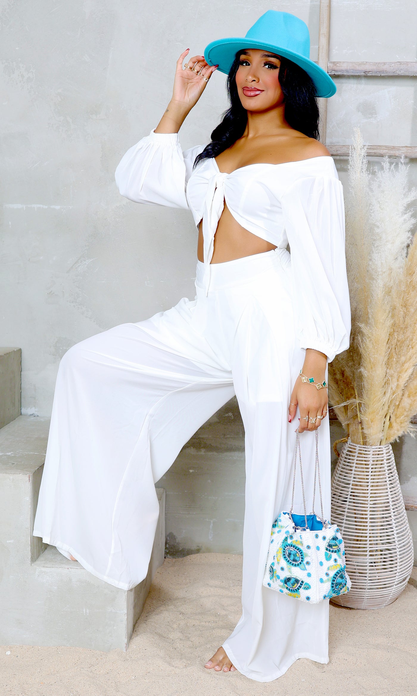 Twist Harmony Crop Top & Palazzo Pants Set - White - Cutely Covered