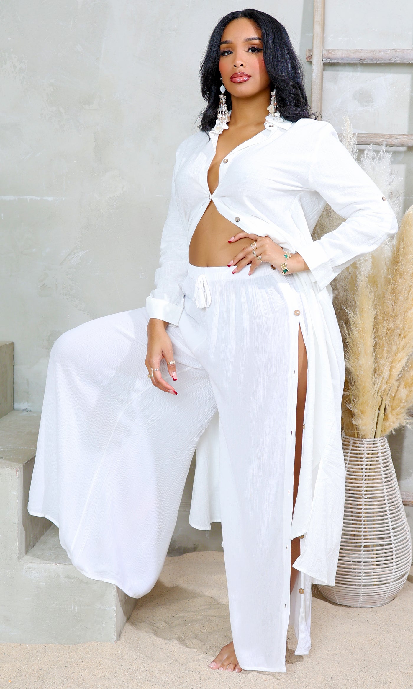 Cotton Breeze | Side Buttons Wide Leg Pants - White - Cutely Covered