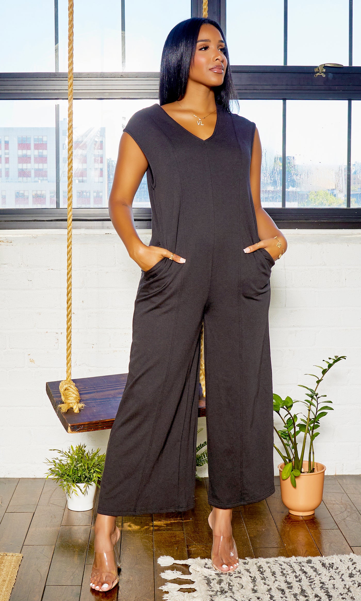 French Terry V Neck Wide Leg Jumpsuit - Black - Cutely Covered