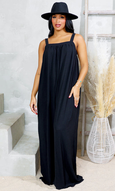 Square Neck Woven Jumpsuit - Black - Cutely Covered