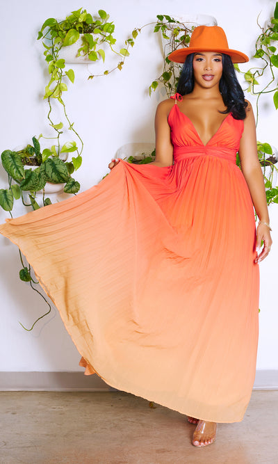 V Neckline Ombre Pleated Dress - Orange - Cutely Covered