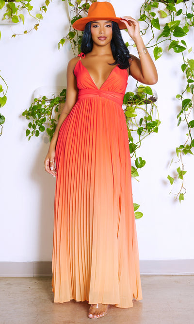 V Neckline Ombre Pleated Dress - Orange - Cutely Covered