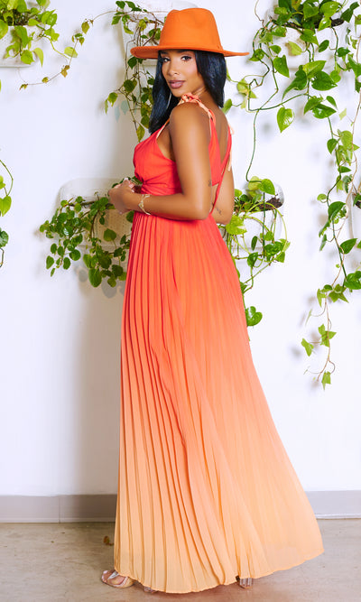 V Neckline Ombre Pleated Dress - Orange - Cutely Covered