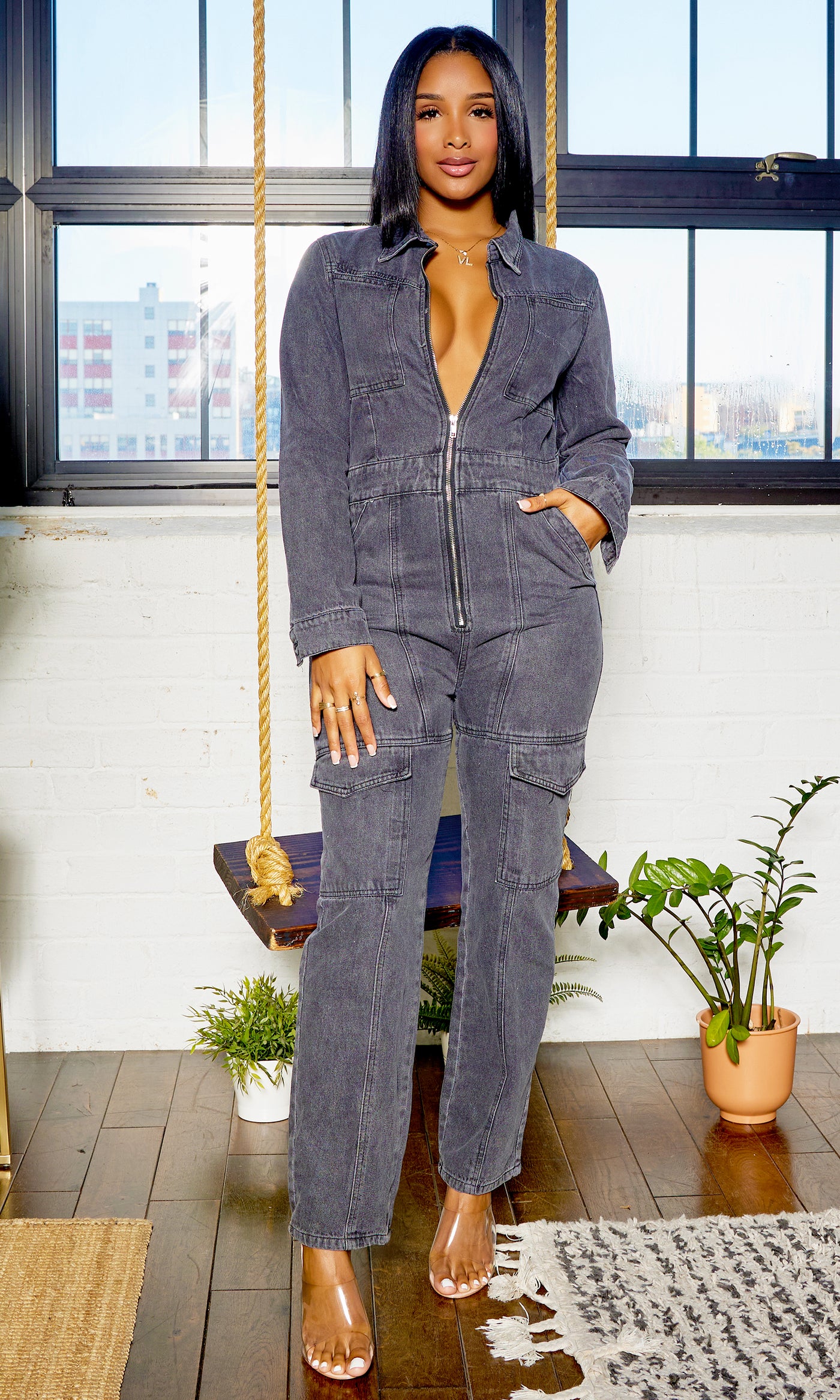 Long Sleeve Front Zip Denim Jumpsuit - Black Wash - Cutely Covered