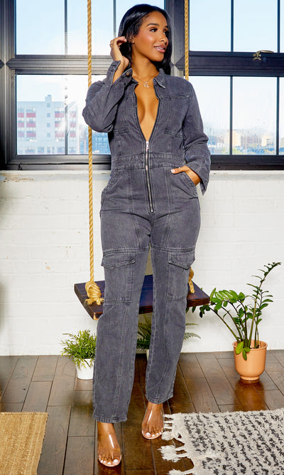 Long Sleeve Front Zip Denim Jumpsuit - Black Wash - Cutely Covered