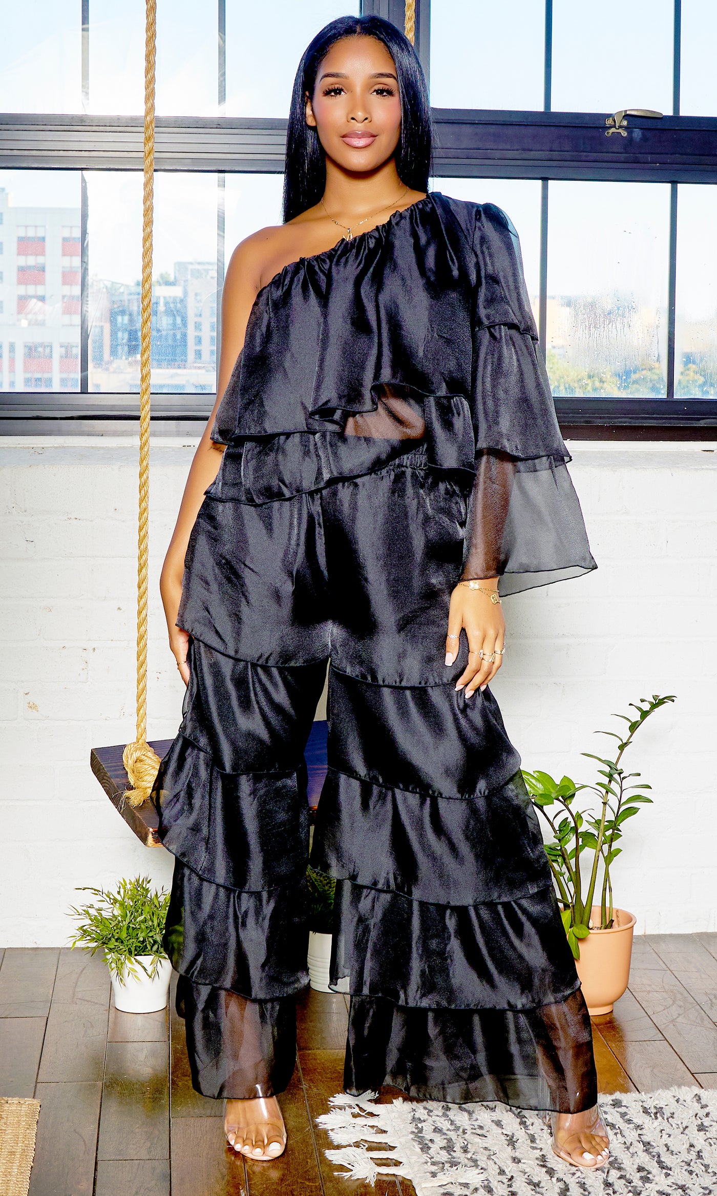 One Shoulder Tiered Organza Set | Black - Cutely Covered