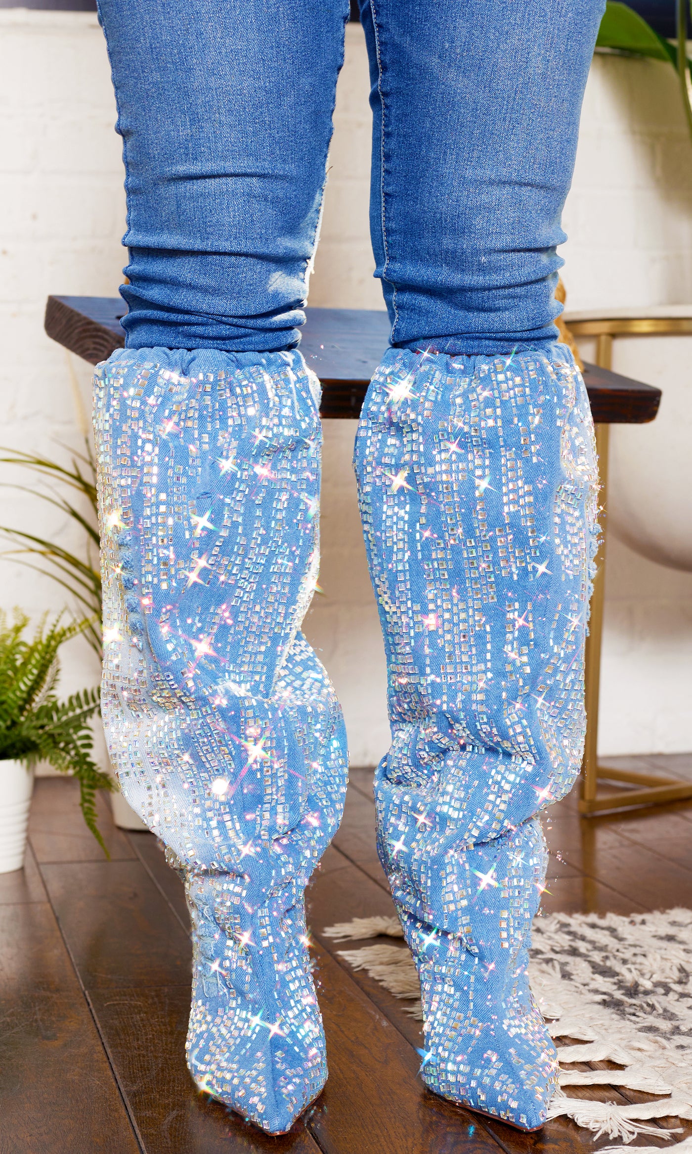 Denim Abstract Bling Point Toe  Boots - Cutely Covered