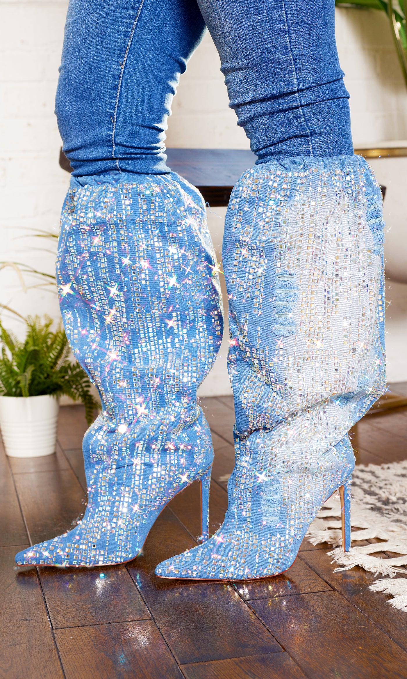 Denim Abstract Bling Point Toe  Boots - Cutely Covered