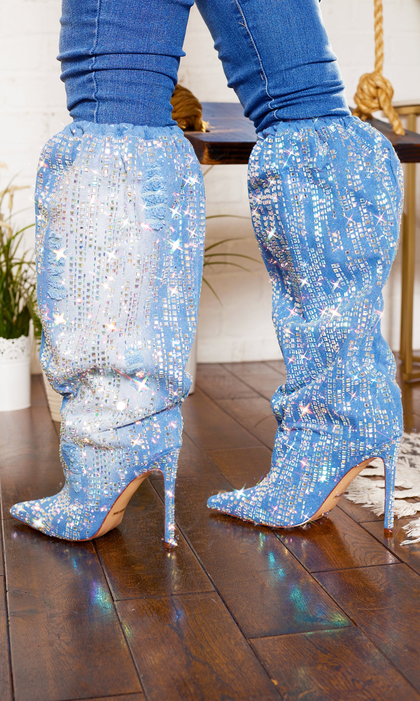 Denim Abstract Bling Point Toe  Boots - Cutely Covered