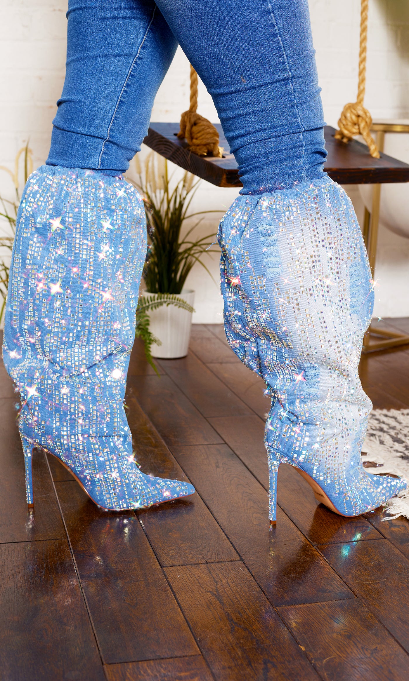 Denim Abstract Bling Point Toe  Boots - Cutely Covered