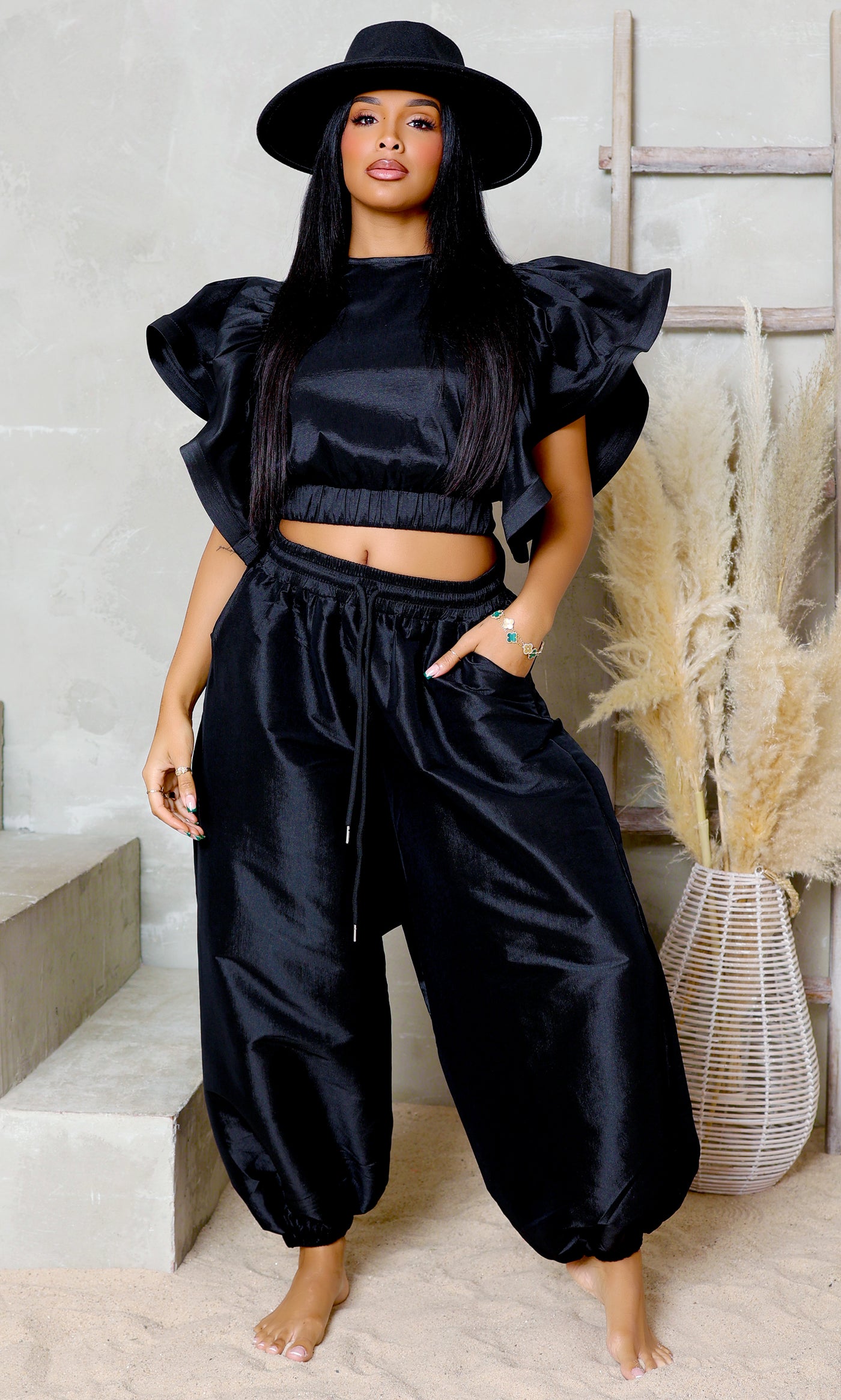 Graceful Flutter Pants Set - Black - Cutely Covered