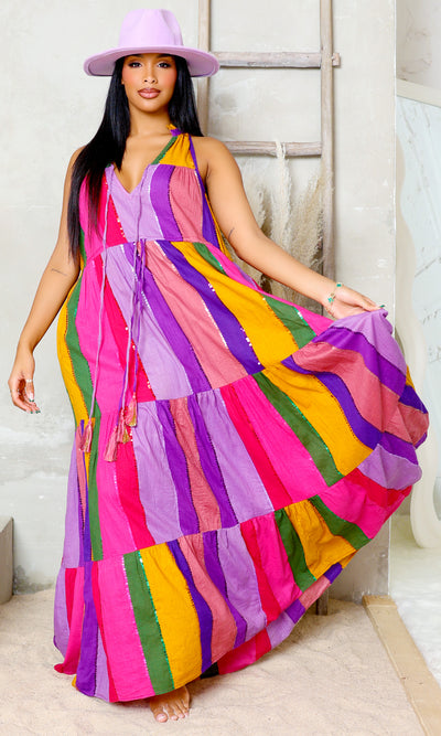 Rainbow Delight V-Neck Tie Dress - Multicolor - Cutely Covered