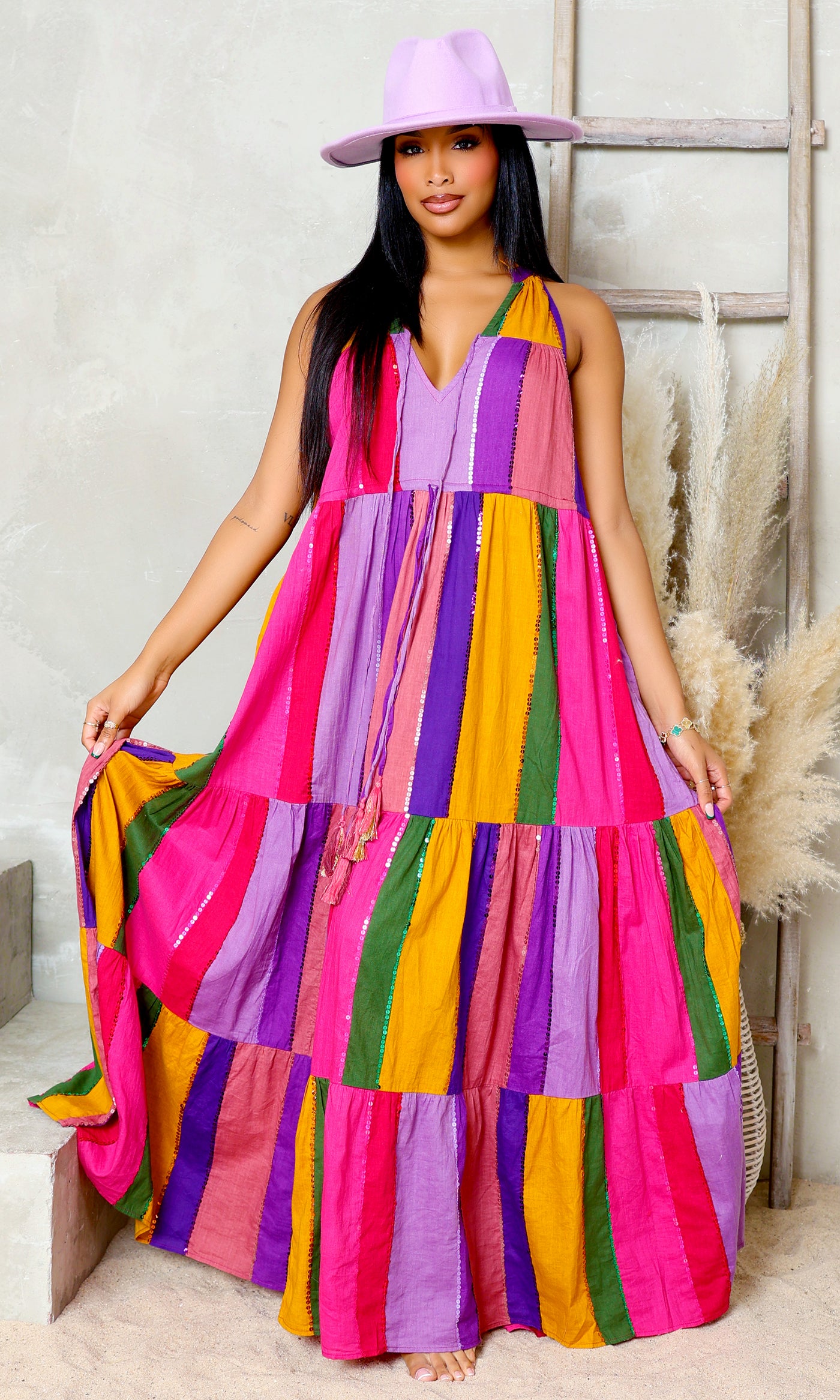 Rainbow Delight V-Neck Tie Dress - Multicolor - Cutely Covered