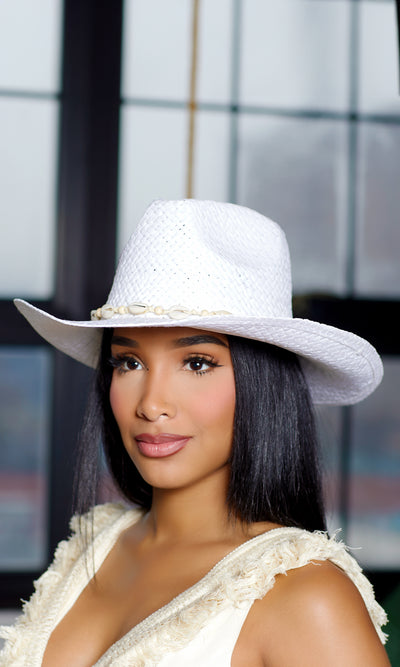 Shell Band Straw Fedora - White - Cutely Covered