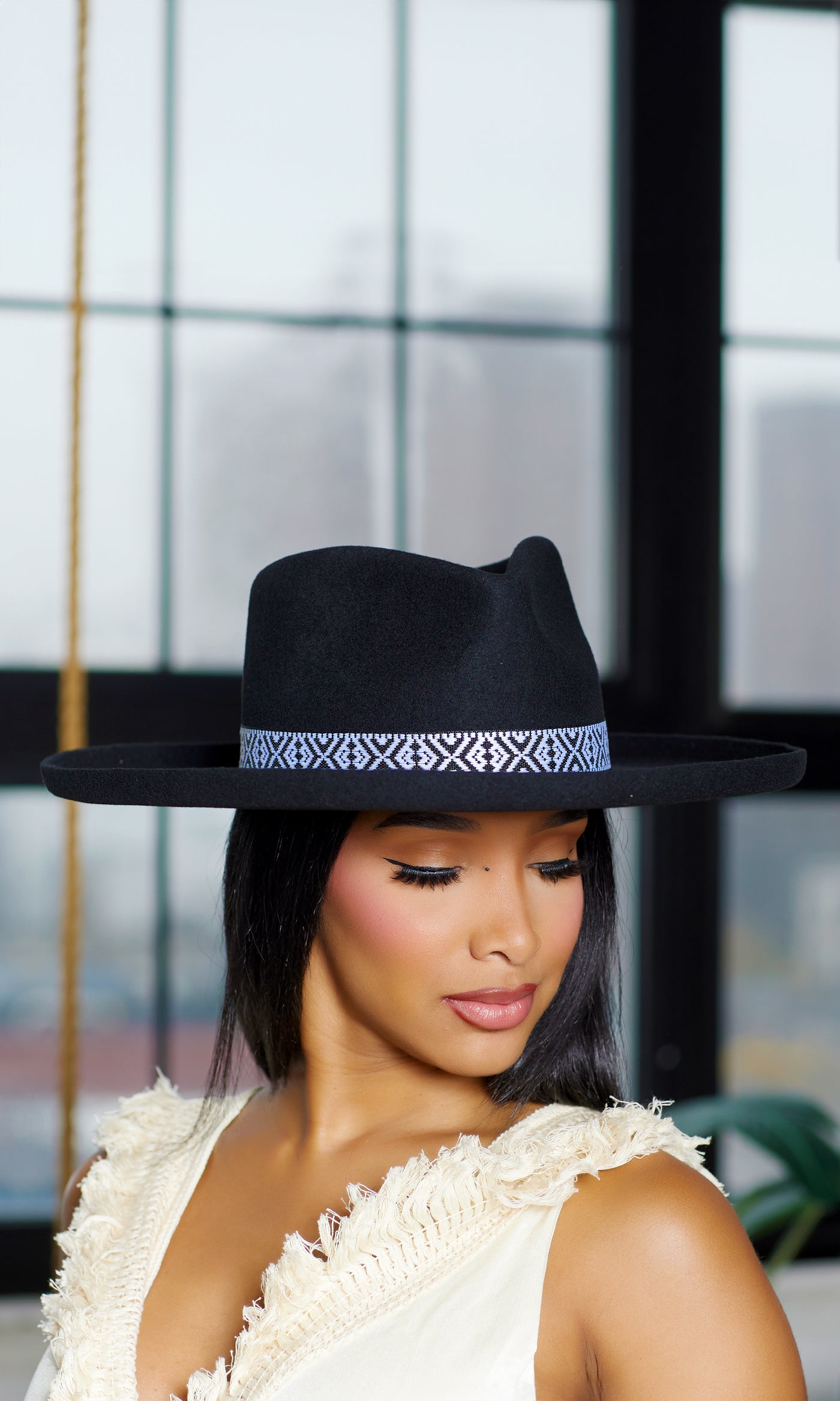 Abstract Band Fedora Hat Flip Brim - Black - Cutely Covered